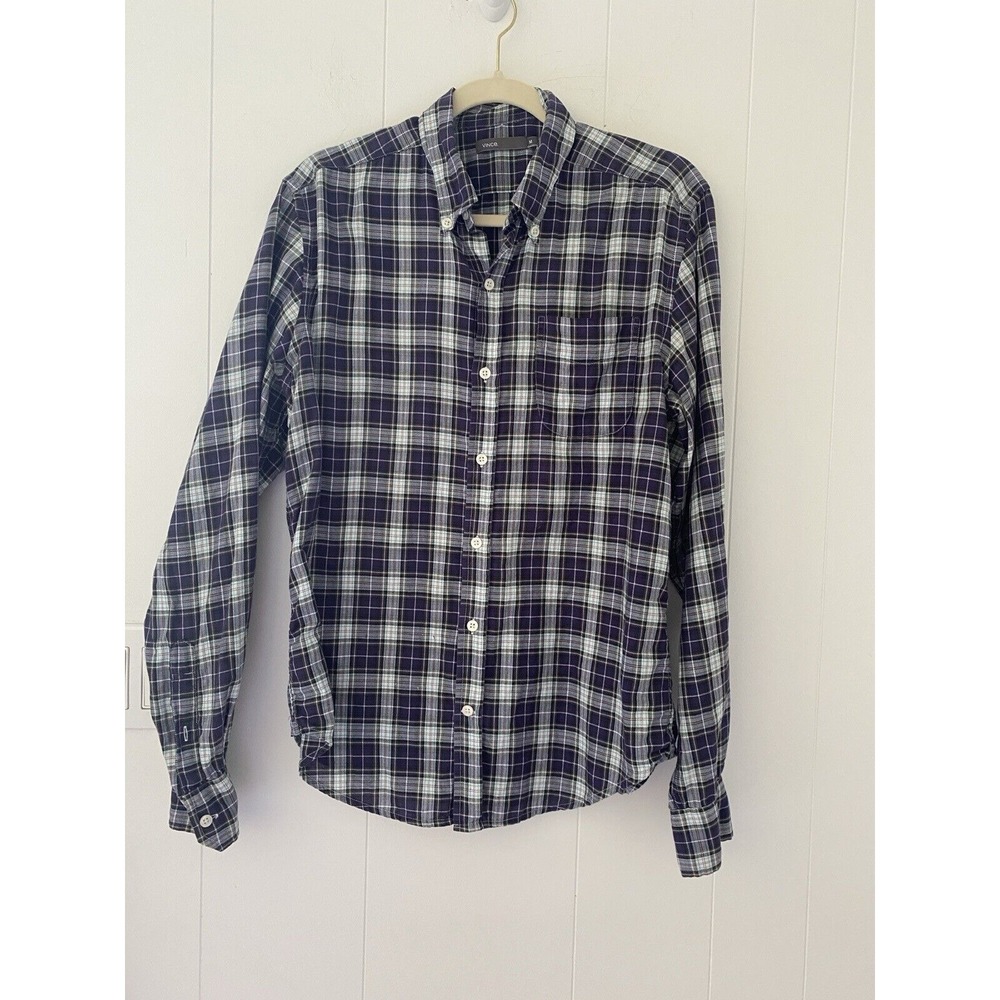 VINCE Men Size Medium Shirt Button Down Top Cotton Purple White Gray Plaid